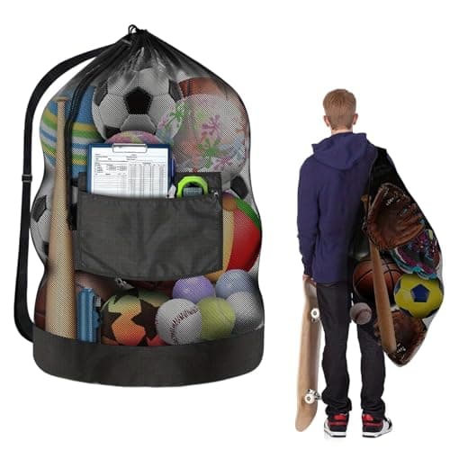 Image of Large Football Ball Bags with Waterproof Pocket – Mesh Football Net Bag for 10-15 Balls, Heavy Duty Ball Carry Bag for Basketball, Rugby, Volleyball Training((100x80cm, Black)