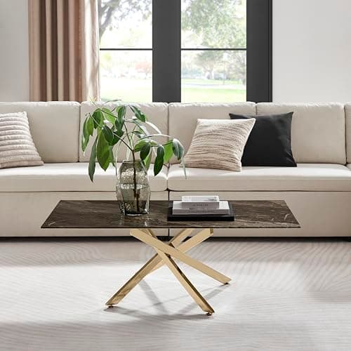 Image of Furniturebox UK Leonardo Glass Dark Marble Effect Coffee Table - Shiny Gold Metal Legs In Stylish Nested Starburst Design - Modern Living Room Furniture for Contemporary Homes