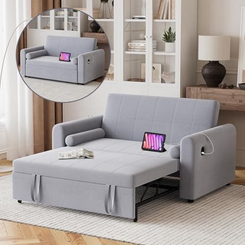 Image of 2 Seater Sofa Bed, 3-in-1 Convertible Linen Sleeper Double Sofa Bed with Storage Pockets, USB & Type-C Ports and 3-Position Adjustable Backrest, Pull Out Couch Bed for Living Room, Bedroom, Grey