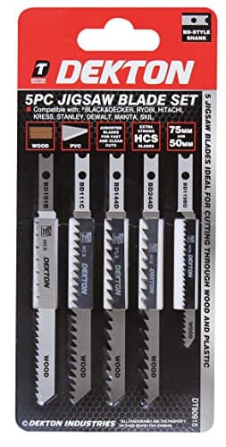 Image of Dekton 5 PC B & D Type Jigsaw Blade Set | Includes 75mm & 50mm HCS Blades | Ideal for Wood & Plastic | Assorted for Fast, Clean Cuts | Compatible with Decker, Ryobi, Hitachi, Makita, Stanley & More