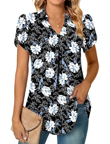 Image of Aodemo Women's Summer Dressy Collared V Neck Chiffon Blouse Short Sleeve Tunic Tops Casual Pleated T-Shirts XL, White Lily