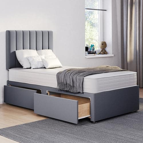 Image of ComfoRest 3FT Single Bed with Mattress and storage drawers (x2) – Grey divan base and 24 inch Stripe headboard – orthopaedic, medium-firm 3FT mattress, UK made