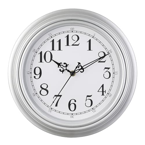 Image of Plumeet Small Retro Wall Clock, 10'' Non Ticking Classic Silent Vintage Wall Clocks Decorative Kitchen Living Room Bedroom - Battery Operated, Silver