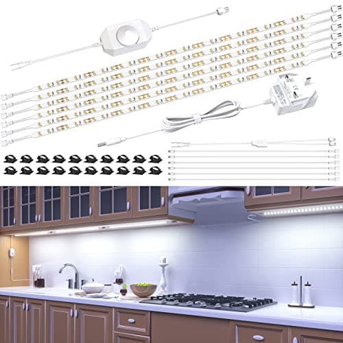 Image of Hensam Under Cabinet Lights - 6PCS*50cm LED Light Strips, Dimmable Counter Light for Kitchen, Shelf, Cupboard, Cabinet, Closet, 12V Adapter, Dimmer, 6000K White, 180 LED, 1500lumen