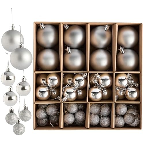 Image of THE TWIDDLERS – 50-Pack Silver Christmas Baubles - Assorted Sizes and Finishes - 6cm, 4cm, 3cm - Matte, Shiny, and Glittery Ornaments for Tree Decoration