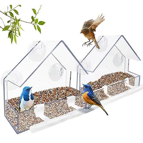 Image of WLLKOO Window Bird Feeder 2 Pack, Bird House for Outside with 4 Rod, Small Acrylic Window Bird Feeder with Strong Suction Cups and Drain Holes 5.9 * 2.4 * 5.9 in