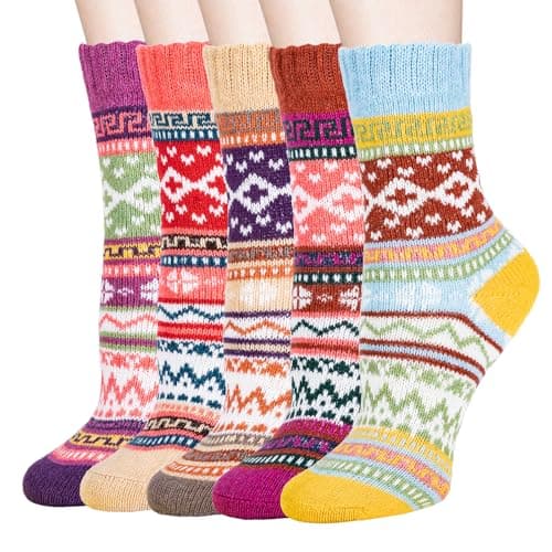 Image of WENGX Thermal Winter Women Socks 5 Pairs Warm Knitting Crew Ladies Socks Soft Cotton Thick Bed Sock for Home Office School Hiking Ideal Christmas Gifts