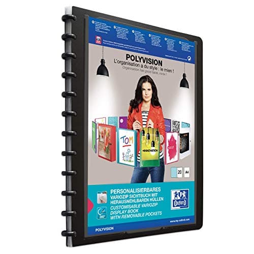 Image of Oxford Polyvision Ring Binder A4 Presentation Book with 20 Pockets Vario Zip Interchangeable and Expandable Black Pack of 1