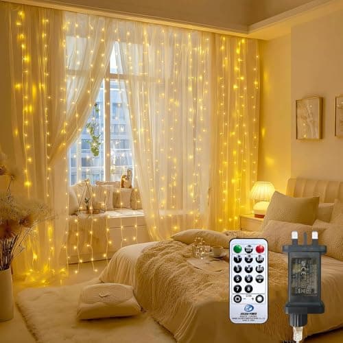 Image of Afaiup Christmas LED Curtain Lights, 2M x 2M String Window Lights,200LEDS Warm White Fairy Lights Plug in,8 Modes Remote Control Indoor Christmas Decorations for Home, Bedroom,Window,Wall