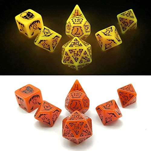 Image of Bescon Glowing Halloween Polyhedral Dice 7pcs Set, Luminous Halloween RPG Dice Set, Glow in Dark Halloween DND Game Dice