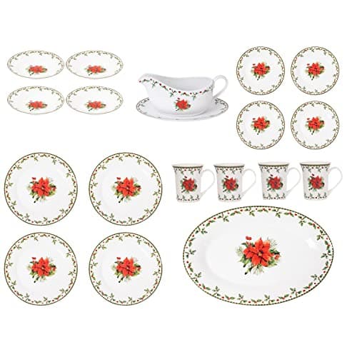 Image of Harvey & Mason Full Dining Set 18pc Christmas Holly Porcelain Set - Festive Dinner Setting Plates Bowls Mugs Gravy Boat Xmas