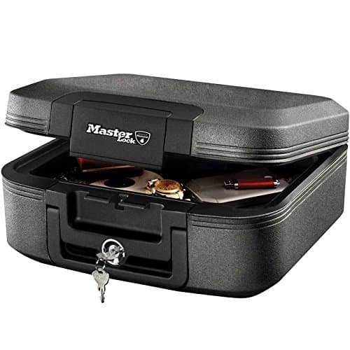 Image of MASTER LOCK Certified Fireproof and Waterproof Safe Box with Key, 7.8L, 391 x 168 x 363 mm, Portable with carrying handle, for home and professionals
