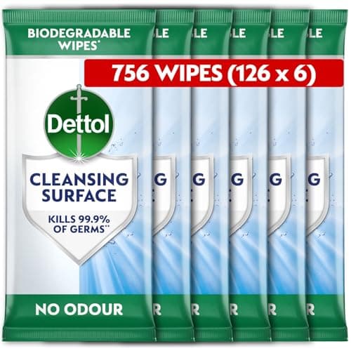 Image of Dettol Antibacterial Cleansing Surface Biodegradable Wipes, Fragrance Free, 756 Wipes (126 x 6pck), Disinfectant, Home Hygiene, Kills 99.9 Percent of bacteria & enveloped viruses