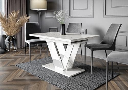 Image of Extendable Dining Table 120-160 x 80 x 75 cm, White Marble Effect, Seats 4-6, Modern Kitchen and Dining Room Table, Easy-Clean Surface, Sturdy Space-Saving Design