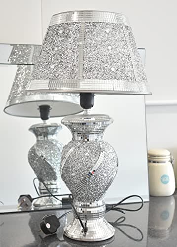 Image of DEENZ Silver Glitter Crushed Diamond Table with Lamp Shade Ornament Home Gift Diamante with Wavy Design