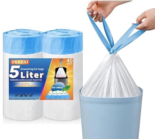 Image of 5l Bin Bags Small Bin Liner Drawstring Trash Bags Pedal Waste Liners with Tie Tap Handle,Suitable for Bathroom,Toilet,Kitchen Fit 3L,4L,5L,6L garbage Bin(White, 40 Bags)