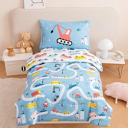 Image of STYHO Toddler Duvet Cover and Pillowcase Set Reversible Blue Cars Todder Bedding for Boys Girls Colorful Cranes Bus Duvet Cover for Cot Bed(Blue, Cot Bed)
