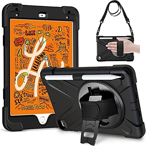 Image of Gerutek for iPad Mini 5/4 Case,Heavy Duty Shockproof Rugged Tough Case with Pencil Holder,360 Rotating Stand&Hand Strap&Carry Strap Protective Cover for Mini 5/iPad Mini 4, Black