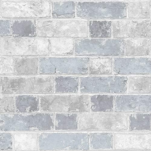 Image of Muriva Rustic Brick Wall-Effect Wallpaper – Blue & Light Grey, Paste-The-Paper Roll 0.53 m × 10 m (5.3 m²) – Realistic Brick Wall Look for Bedroom, Living Room & Boy Girl Kids Children Feature Room