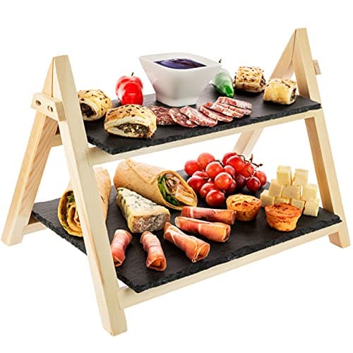 Image of Slate Cake Stand Serving Board Premium Bamboo Rustic Slate Boards 2 Tier Foldable Rack Food Serving Tapas Sushi Appetiser Dishes Serving Tray Plates Platters (1 X Cake Stand)