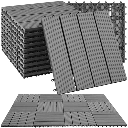 Image of tectake® 11-Piece Decking Tile Set in Wooden Look, 31 x 31 cm per Tile, 1.0571m² Total Area, Easy Interlocking Click System, Non-Slip & Weather-Resistant WPC - Garden & Patio Decking Tiles - Grey