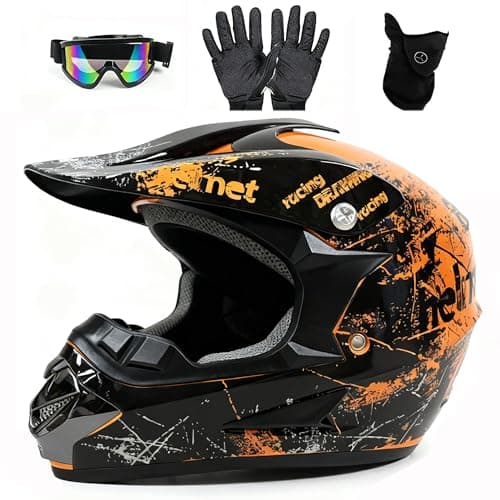 Image of UIGJIOG Motocross Helmet,Youth ATV Dirt Bike Motorcycle Helmet, Full-Face Off Road Motorcycle Crash Helmet,BMX 4-Wheeler Off-Road Mountain Bike Helmet,With Gloves Goggles Mask,Orange,S(52~53cm)
