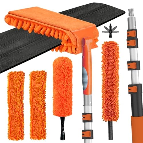Image of LAANPOLE 3.6m Feather Duster Kit, Ceiling Fan Cleaner with Extension Pole, Microfiber Cobweb Brush & Replaceable Cleaning Cloth for Blades, High Ceiling, Furniture