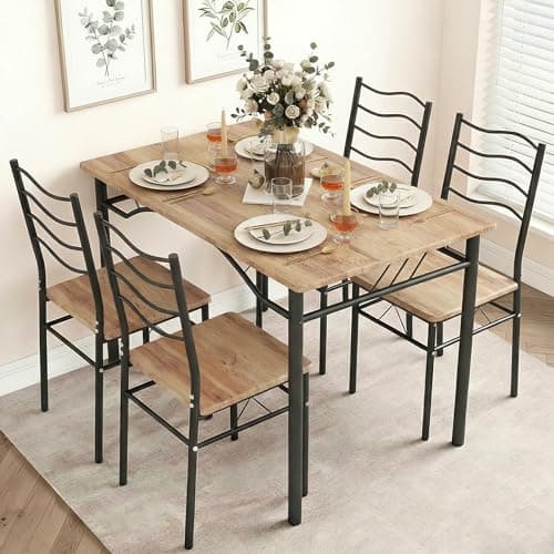 Image of PULUOMIS Dining Table and Chairs Set 4, Space Saving Kitchen Table and 4 Chairs, Dining Room Furniture Set with Metal Frame and Wood Effect for Home Apartment, Oak