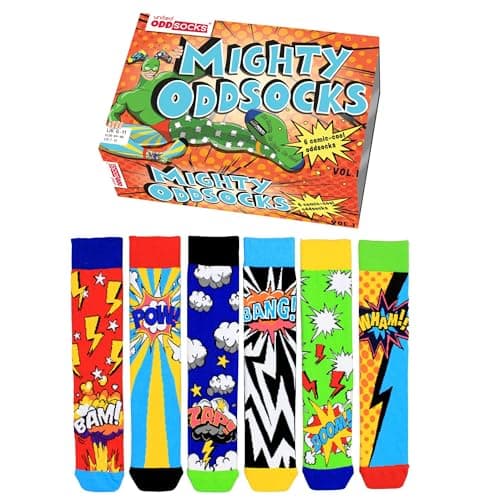 Image of United Oddsocks The Mighty Oddsocks Gift Box for Men – 6 Mismatched Comic Hero Socks – 15 Bold Combos – UK 6–11, US 7–12, EU 39–46 – Cotton Rich, Colourful & Hero-Inspired Gift Set