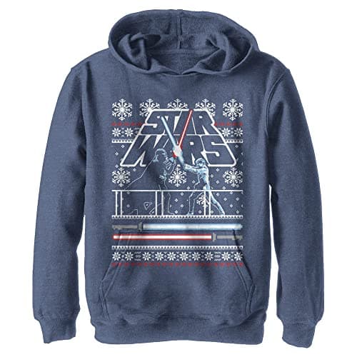 Image of STAR WARS Kids' Holiday Face Off Ugly Sweater Hoodie, Navy Heather, S