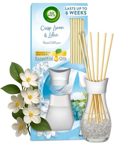 Image of Air Wick Reed Diffuser, Crisp Linen & Lilac, 42ml, Natural Essential Oils, Long-Lasting Home Scent for up to 6 weeks, Eco-Friendly Freshener, Sustainable Recyclable Packaging, Weeks of Fragrance