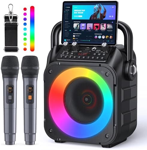 Image of Karaoke Machine with Two Wireless Microphones, Portable Karaoke Machine for Adults & Kids, Portable Bluetooth Speaker with partybox PA System, LED Lights, Supports TF Card/USB, AUX in, FM, USB,TWS