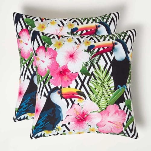 Image of HOMESCAPES Set of 2 Outdoor Cushions Waterproof, Tropical Toucan & Flowers Filled Garden Cushion, Hypoallergenic Polyester, Decorative Pillows for Indoor & Outdoor Patio, Benches & Sofa - 45 x 45cm