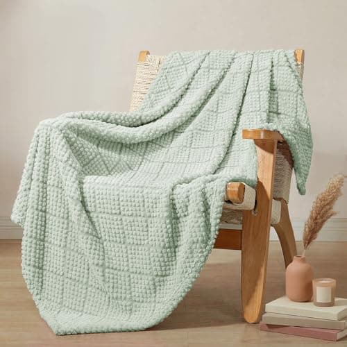 Image of Whale Flotilla Fuzzy Fleece Throw Blanket for Sofa, Couch, Bed, 130x150 CM Soft Fluffy Jacquard Waffle Blankets for All Season, Lightweight and Warm, Sage Green