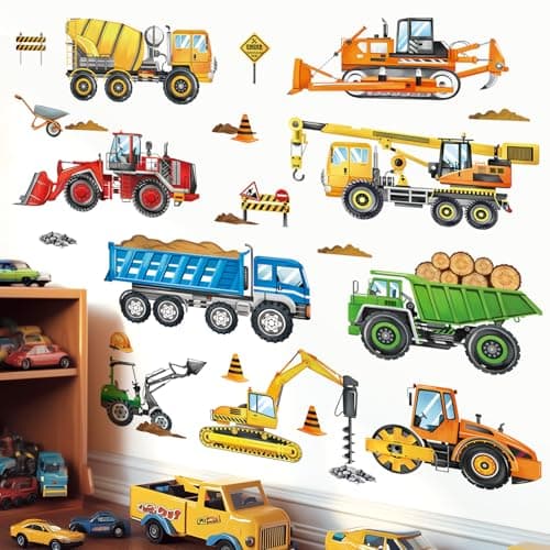 Image of decalmile Construction Vehicles Wall Decals Cars Truck Tractor Wall Stickers Baby Nursery Boys Bedroom Kids Playroom Wall Decor