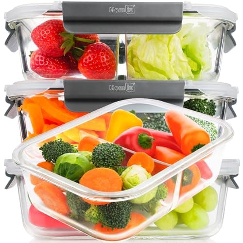 Image of Homiu Meal Prep Glass Containers with Lids (3 Pack) – 2 Compartment – Airtight & BPA-Free – Oven, Microwave, Freezer and Dishwasher Safe – 960ml – Durable Borosilicate Glass