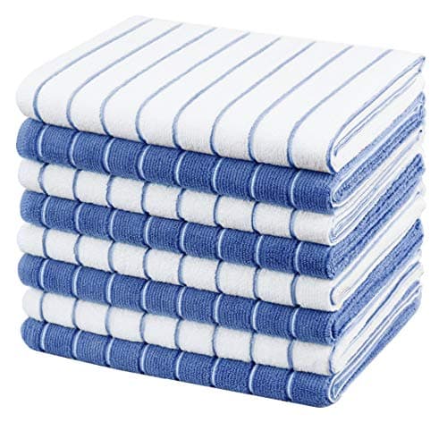 Image of gryeer Microfibre Tea Towels - Pack of 8 (Stripe Designed Blue and White Colours) - Soft, Super Absorbent and Lint Free Kitchen Towels, 45 x 65 cm