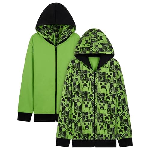 Image of Minecraft Boys Hoodies - Reversible Hooded Sweatshirt for Kids Teenagers 5-14 Years Warm Zip up Hoodie Gamers Gifts (Green, 13-14 Years)