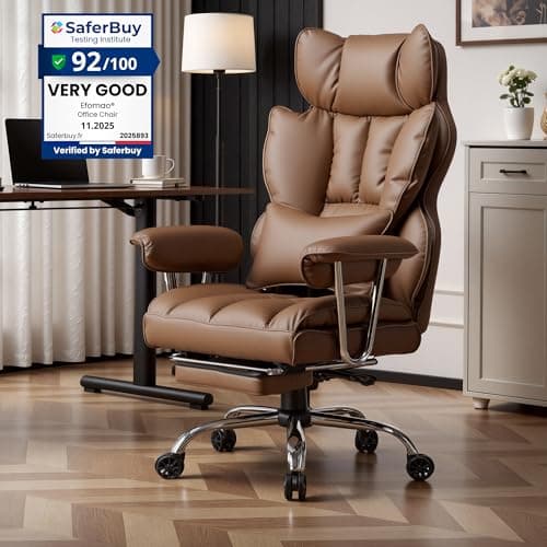 Image of Efomao Desk Office Chair, Big and Tall PU Leather Ergonomic Office Chair, 200KG Adjustable High Back Computer Chair,Executive Swivel Chair with Footrest and Lumbar Support, Brown