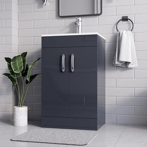 Image of BELOFAY 500mm Floor Standing Bathroom Vanity Unit With Basin - Laquered Cloakroom Vanity Unit with 1 Tap Hole Ceramic Basin and Soft Close Hinges. (WASTE INCLUDED) (New York Grey)