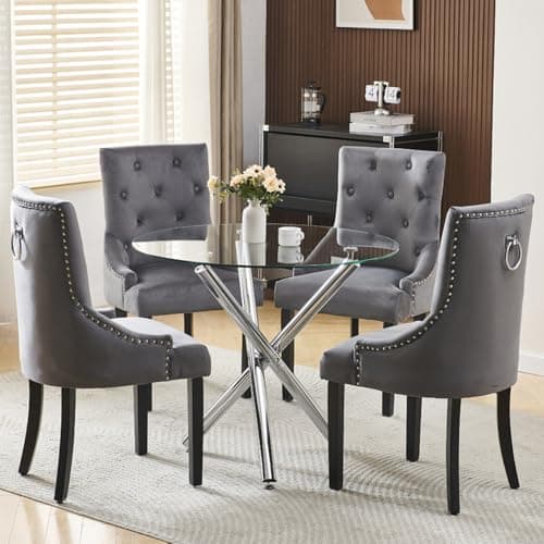 Image of BonChoice Modern Round Glass Dining Table and Chairs Set 4, 5 Piece Round Dining Room Table Set, Glass Dining Table with Knocker Dining Chairs Space Saving (5Pcs:Table+4 Dark Grey Knocker Chair)
