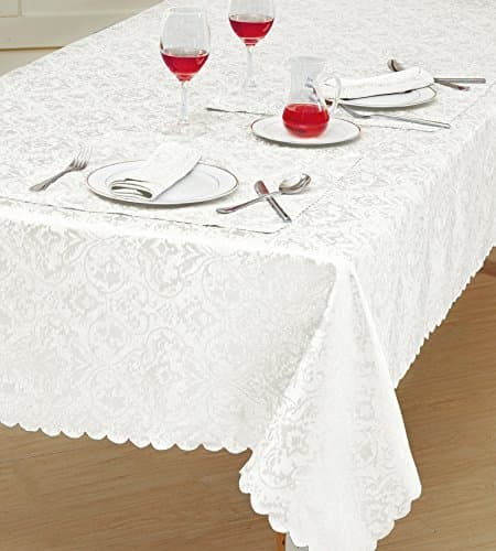 Image of Prime Linens Home Decorative Classic Damask Printed Jacquard Tablecloth Rectangle Round Runner Napkin Table Cover Cloth Protector for Kitchen Picnic (White, Rectangle 52" x 70")