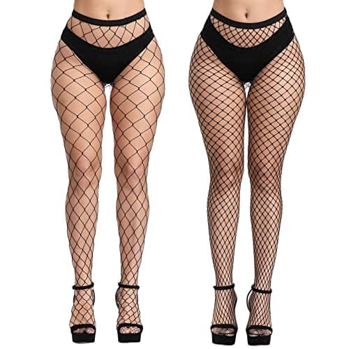 Image of CHRORINE 2 Pair Black Fishnet Stockings 2 Styles High Waist Tights for Women Thigh Pantyhose Stockings