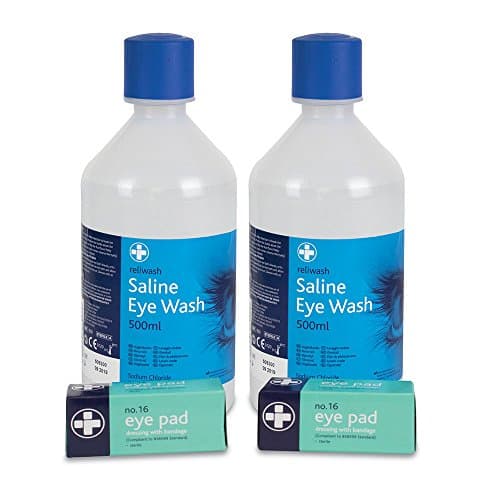 Image of Reliance Medical Eyewash Refill - Ideal for Workplace, Home, Travel, Holiday, Includes Dressing Pads, Bandages, Emercengy Essentials, For 2 x 500ml Bottles, 2 x Eye pads