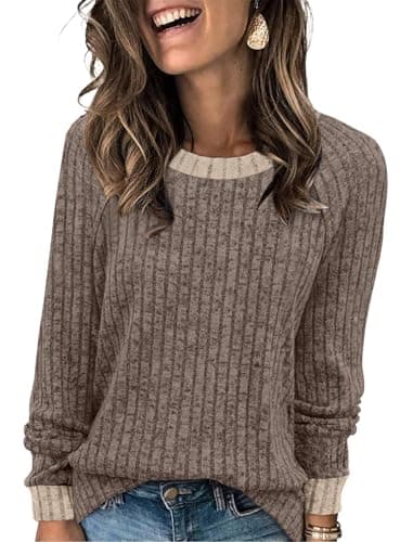 Image of WIHOLL Long Sleeve Tops Women Lightweight Jumpers Ladies Color Block Sweatshirts Casual Womens Tops Size 14-16 Coffee