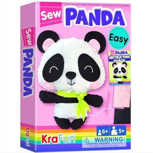 Image of KRAFUN Panda Sewing Kit for Kids Ages 7-12, Beginner Craft Set with Panda Stuffed Doll, Plush Felt Materials, Instructions, Embroidery Supplies, Pre-Punched Fabric