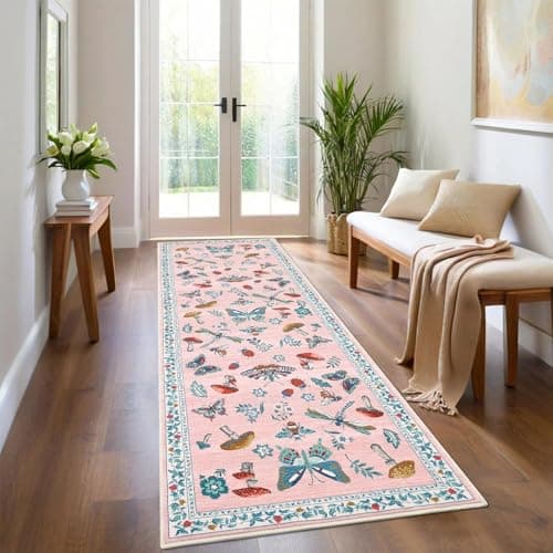 Image of CAROMIO 60x180 cm Hallway Runner Rug, Washable Non-Slip Low Pile Carpet with Butterfly & Mushroom Design, Soft Floor Mat for Bedroom Kitchen Entrance, Dusty Pink