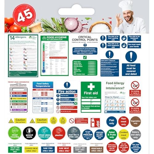 Image of 45 Pcs Kitchen Safety Signs Set – Essential Food Hygiene Signage Pack, Self Adhesive Vinyl Waterproof & Oil Resistant Stickers for Cafes,Takeaways,Restaurants, Small Catering Vans & Kitchens UK made