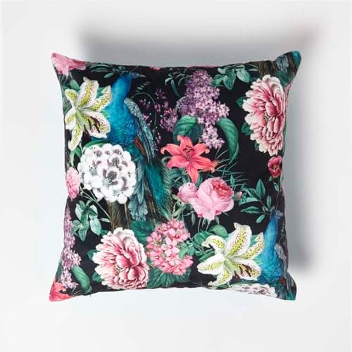 Image of HOMESCAPES Teal & Black Reversible Velvet Floral Cushion 46 x 46 cm Filled Decorative Throw Pillow with Floral Peacock Design Cushion Insert Included