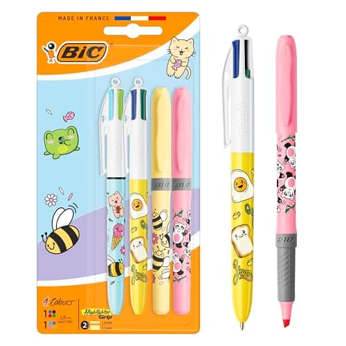 Image of BIC 4 Colours Decors Kawaii Series Retractable Ball Pen Medium Point (1.0 mm) Fun Ink Colours + BIC Highlighter Grip Decors Chiselled Nib - Assorted Kawaii Designs, Pack of 4